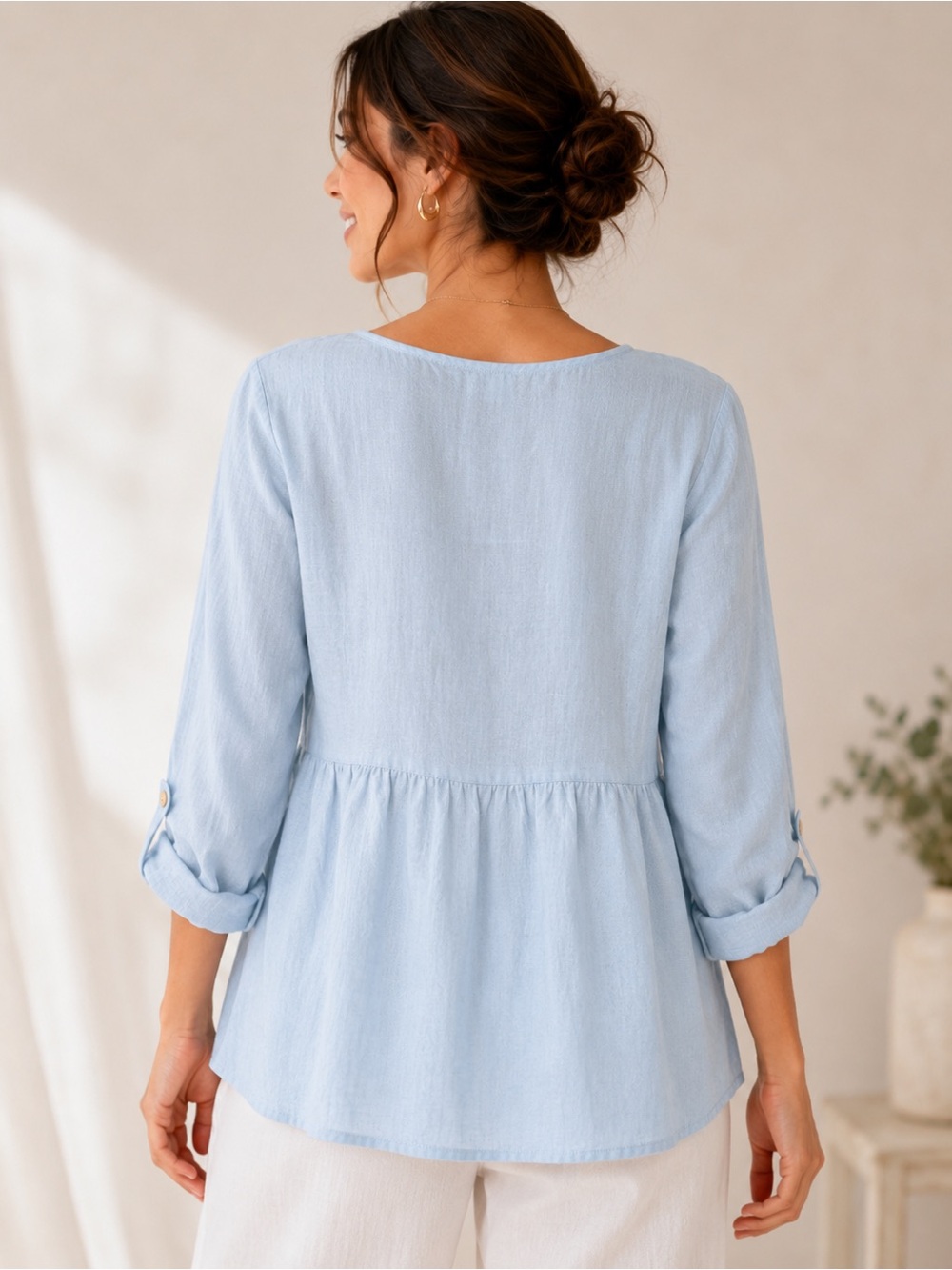 Sigrid Olsen 100% Linen Light Blue Peplum Button Front Blouse Top Medium EUC - Picture 2 of 6